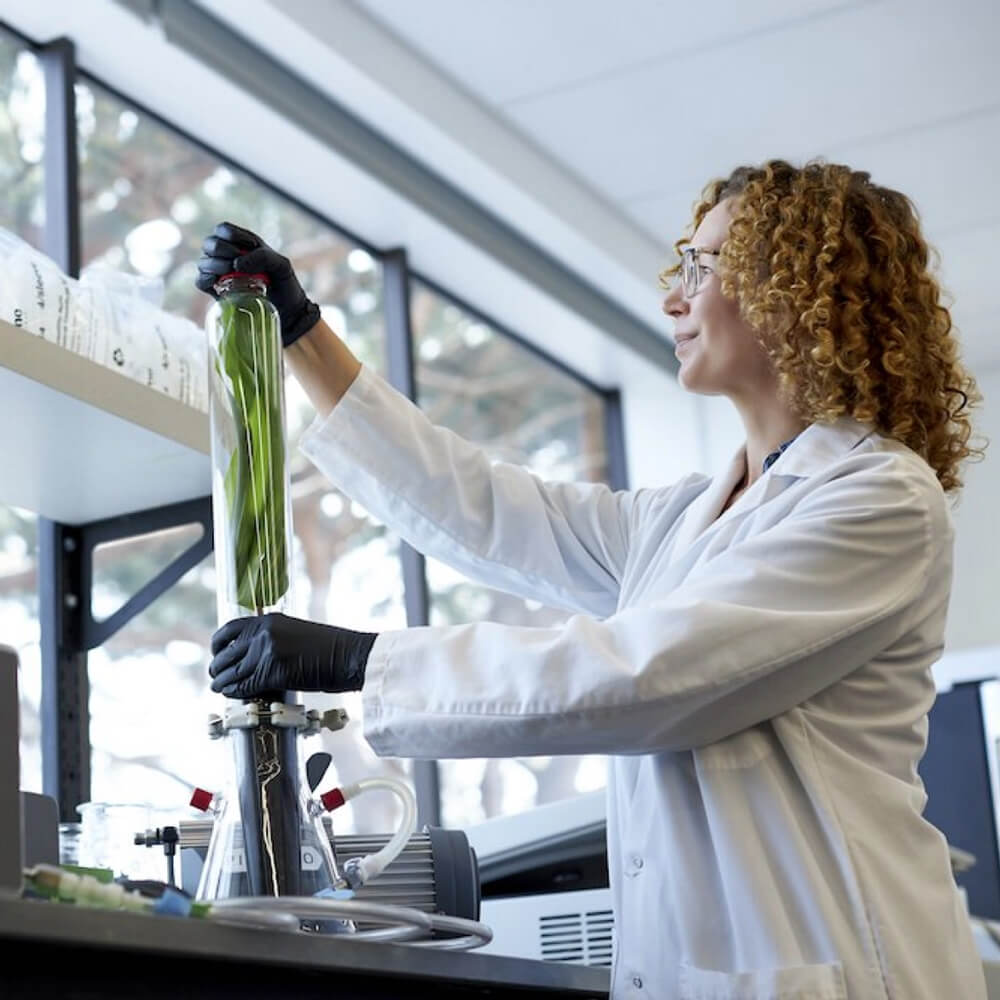 Photo of Development Scientist with spectrometer to measure acetylene reduction activity in a plant sample