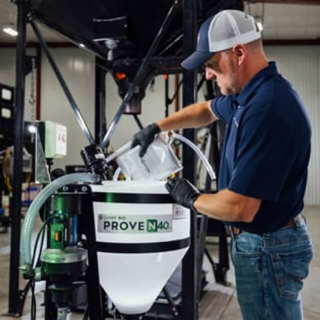 Photo preview of Independent Pivot Bio rep applying Pivot Bio PROVEN® 40 OS directly to seed